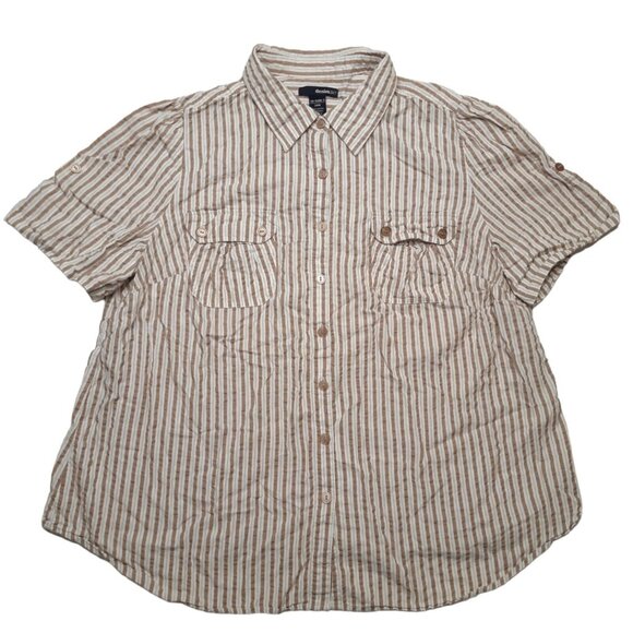 Denim 24 7 Top Womens Plus 24W Brown Seersucker Button Up Striped Short Sleeve - Picture 1 of 11